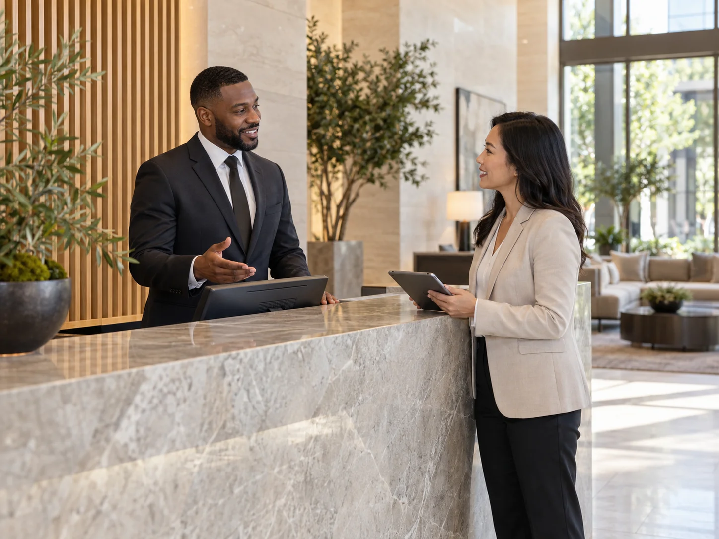Concierge and property manager discussing operations at a residential lobby
